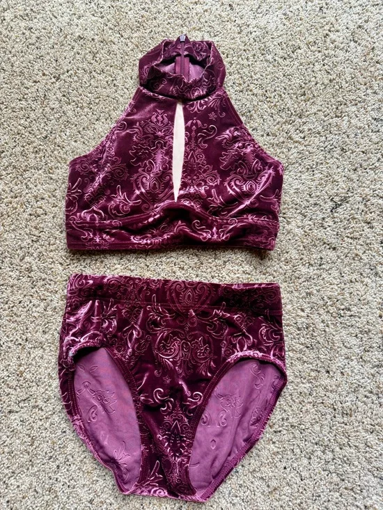 Balera LC Burgundy Crushed Velvet Dance Costume 2-Piece Halter Set