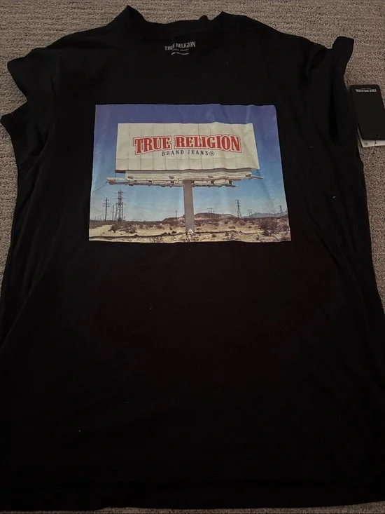 True Religion Black Tee with Blue Sky and Beige Billboard Graphic
