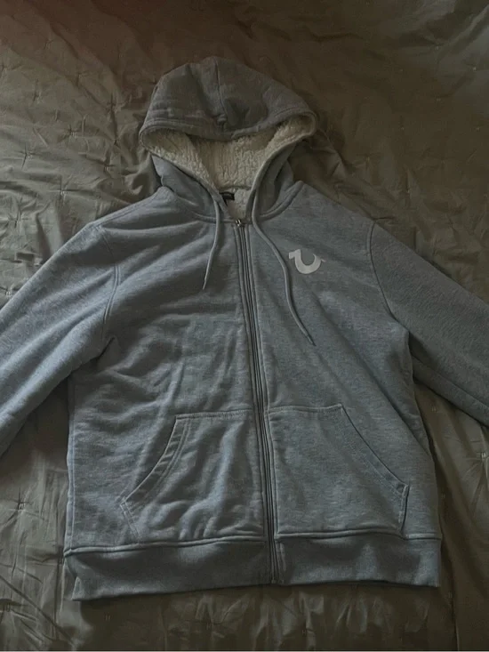 True Religion Gray Sherpa Hoodie with Logo