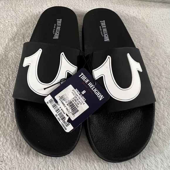 True Religion Men's TR-112-S Black & White Logo Slide Sandals Lightweight Size 8