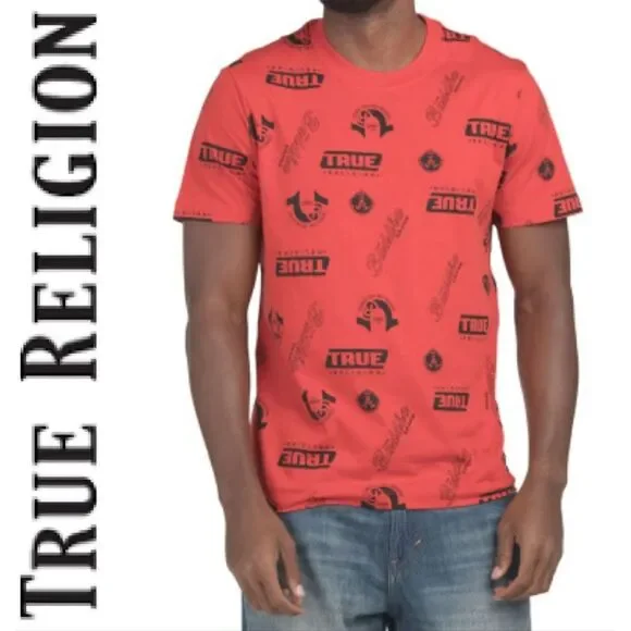 True Religion Multi Logo AOP Graphic‎ T-Shirt- Lava