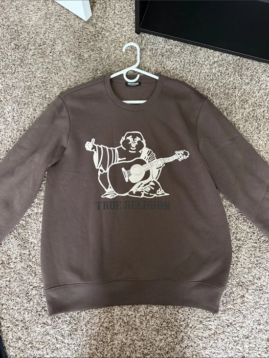 True Religion Brown Crewneck Sweatshirt with Cream Buddha Graphic