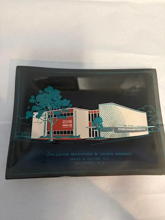 VTG Citizens Savings & Loan Dec. Glass Tray, Innes and Fulton STS, Salisbury, NC
