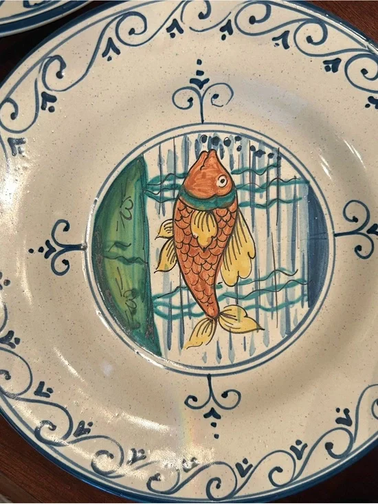 Three Hand-Painted Ceramics Fish Plate in Blue and Orange