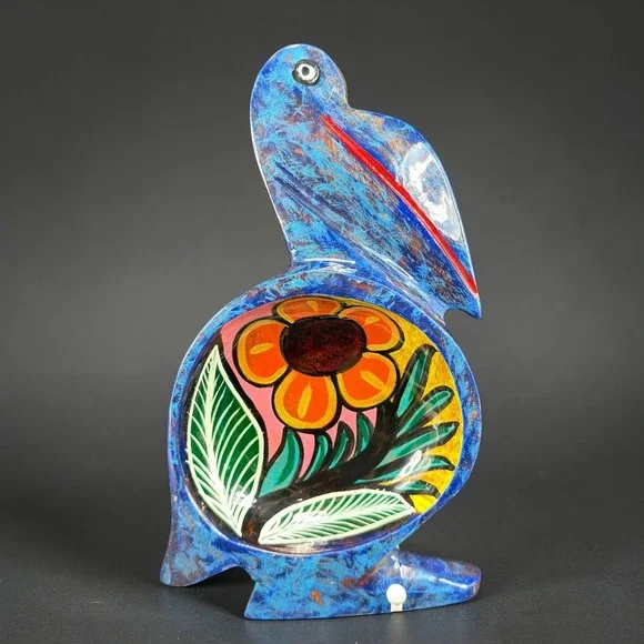 Vintage Hand Painted Wooden Pelican Bowl Floral Folk Art Blue Decorative Dish‎
