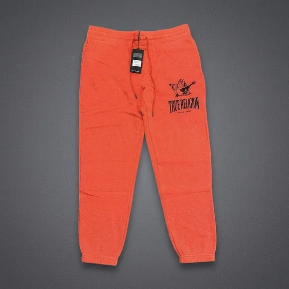 True Religion Mens Jogger Pants Large NWT Washed Red Crackle Buddha Sweatpants L