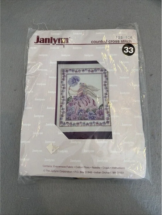 Vtg Rare Janlynn Counted Cross Stitch Kit  Purple Pansy Angel New
