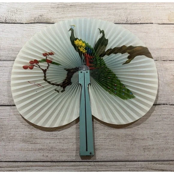 Vintage Chinese Paper Folding Metal Handle Fan Peacocks Cherry Blossoms Tub14