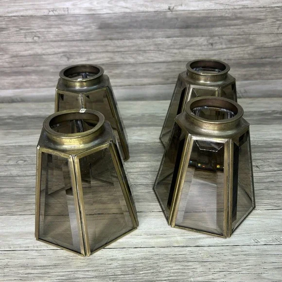Vintage‎ Brass Beveled Six Panel Clear Glass Shade Globe Replacement READ