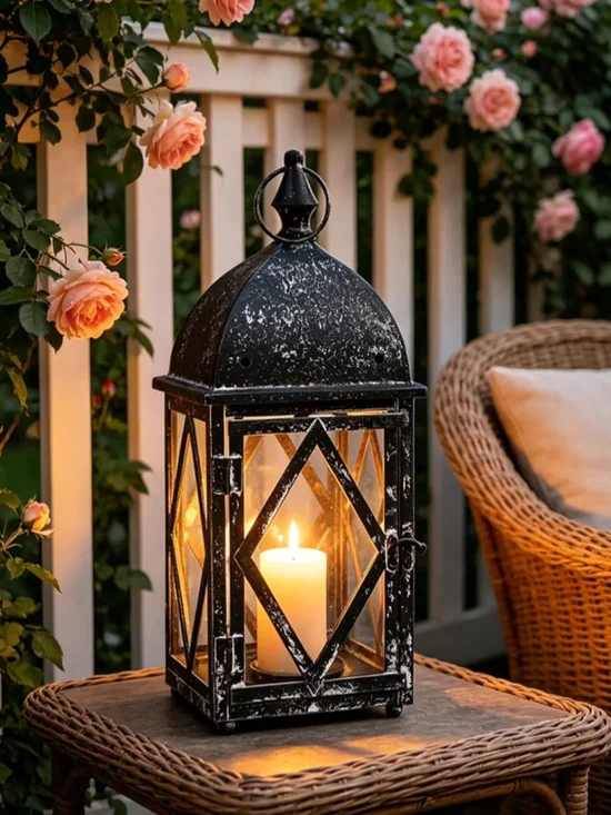 Black Distressed Metal Candle Lantern — Decorative Home Accent NIB
