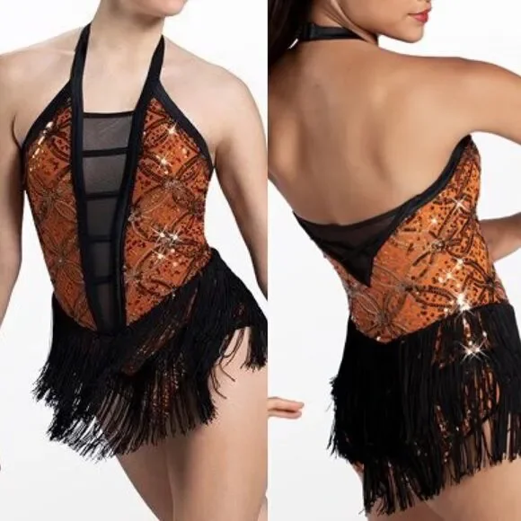 Weissman dance costume Orange sequin fringe flapper Clap Clap D12551 IC 7/8