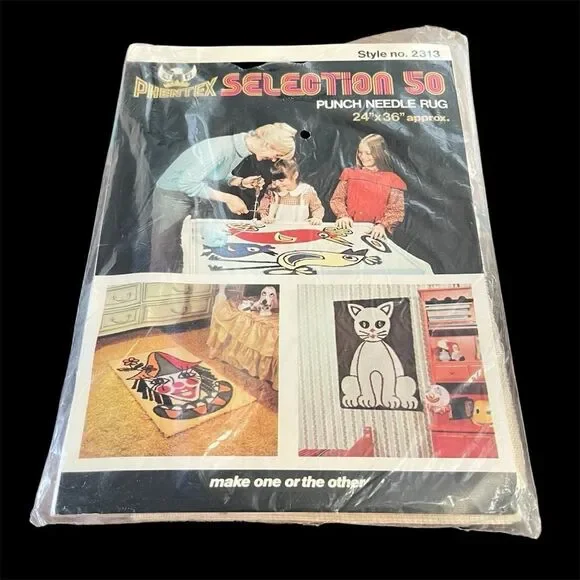 Vintage Phentex Needle Punch Rug Clown & Cat Designs
