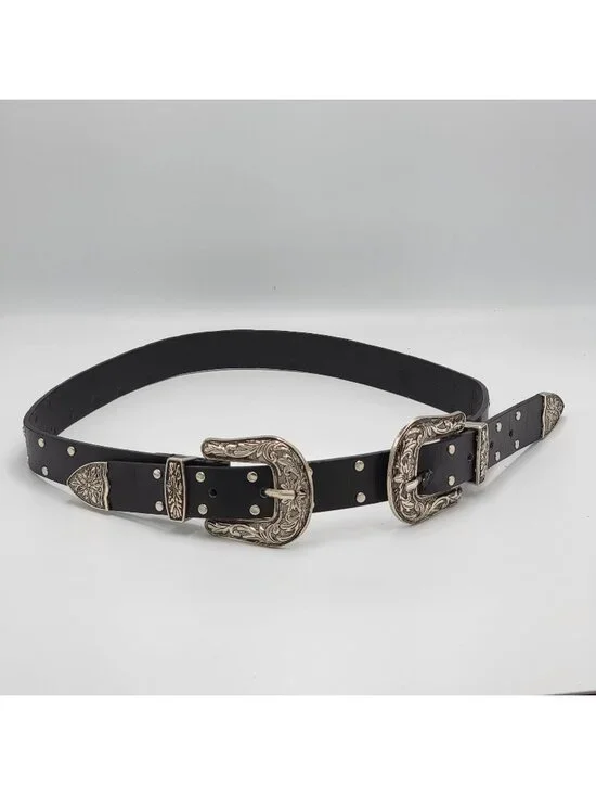 Western-Style Black Leather Belt With Dual Ornate Silver Buckles & Stud Details