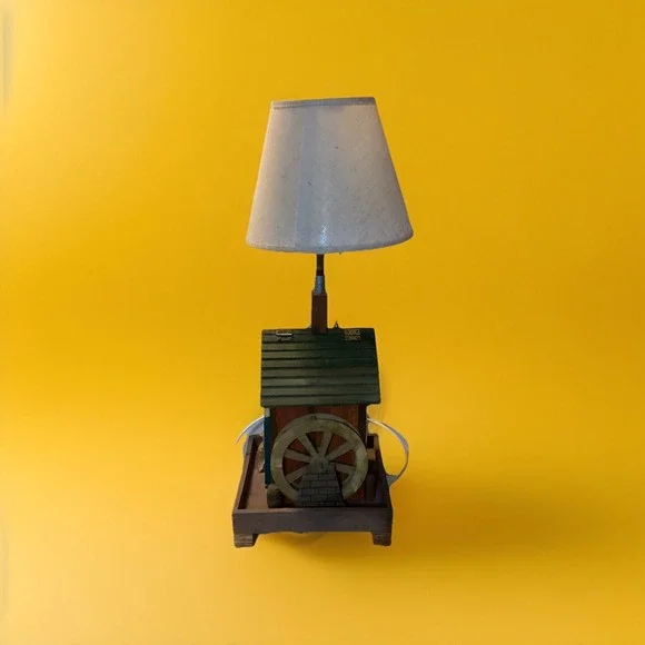 Vintage Handmade Wooden Mill Lamp w/ Shade -‎ Works! Folk Art Primitive 20