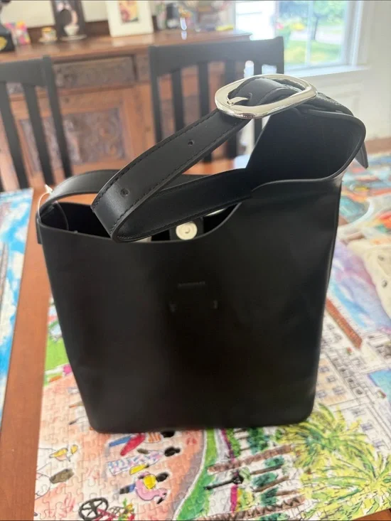 Black Asymmetrical  Shoulder Tote Bag with Silver Buckle