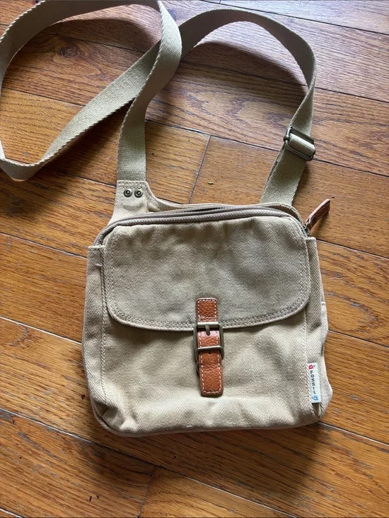 Fossil Tan Canvas Messenger Bag with Brown Leather Trim