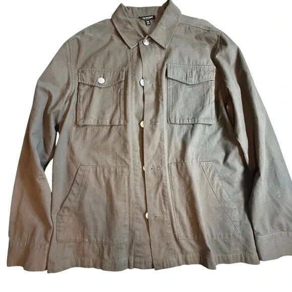 True Religion Mens Olive Green Buddha Graphic Utility Jacket Large Horseshoe