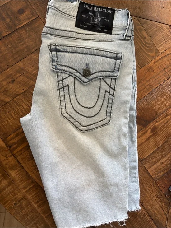 True Religion Light Blue Distressed Jean Shorts