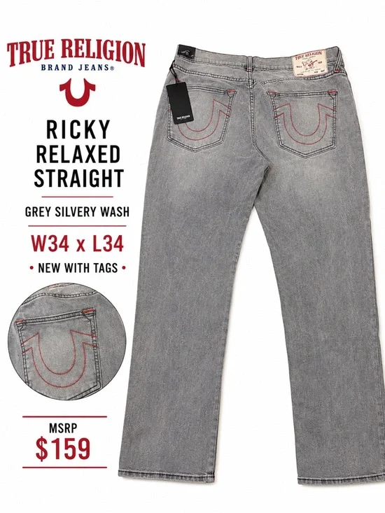 True Religion Ricky Relaxed Straight Jeans Men’s 34x34 Gray Silver Wash NWT