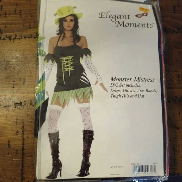 Elegant Moments Monster Mistress 5PC Costume Set XS 9940 Black Green Halloween