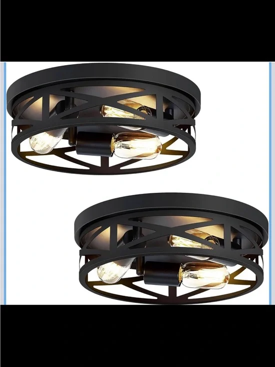 Modern Black Metal Flush Mount Lantern Ceiling Light, Set of 2 - New in Box
