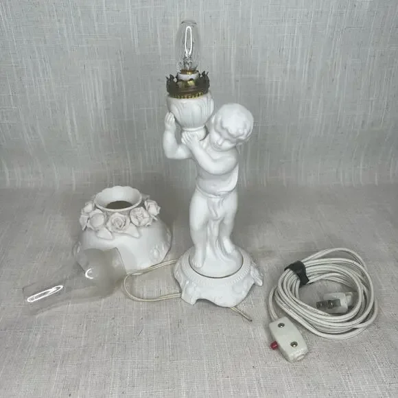 Vintage Porcelain Bisque Nightlight Lamp Shade Boudoir Glass Chimney AS IS