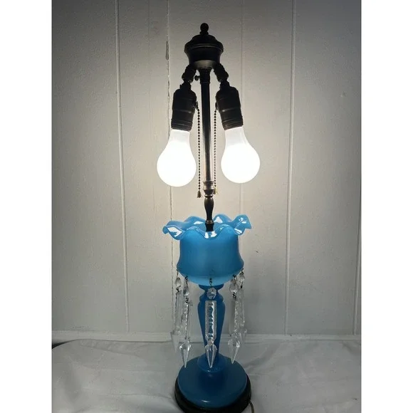 1920 French Blue Opaline‎ Glass with Prisms Electric 2 Bulb Luster Lamps