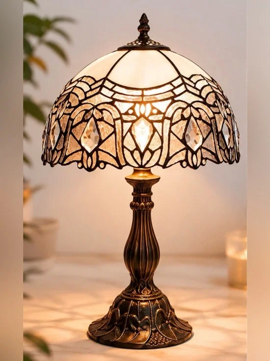 Tiffany Style Stained Glass Table Lamp White Crystal Bedside 18”