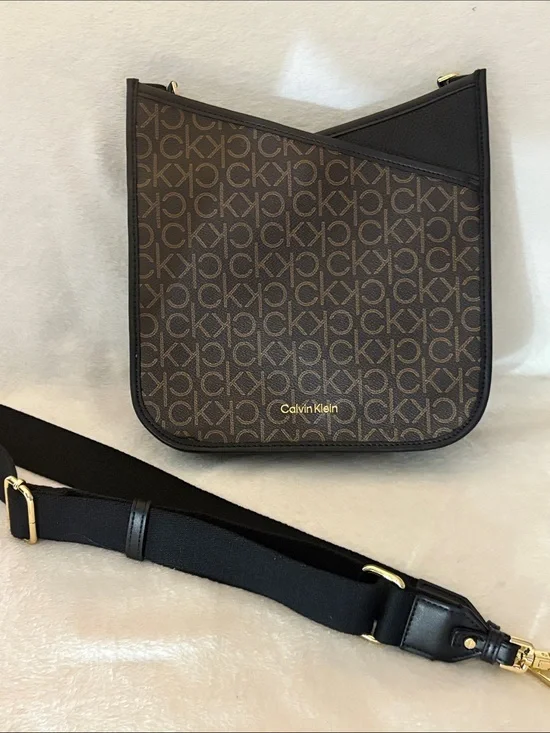 Calvin Klein Brown Monogram Messenger Bag with Black Strap