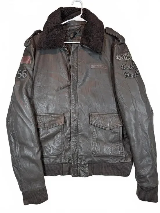 True Religion TR-80 So Cal Leather Bomber Sherpa Collar Jacket Mens XXXL Patches