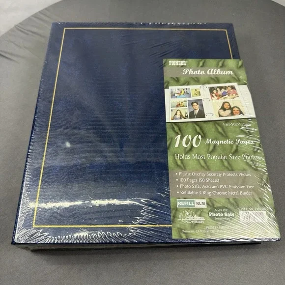 Pioneer Blue Leatherette Photo Album 100 Magnetic Fast Stick 50 Sheets‎ 3 Ring