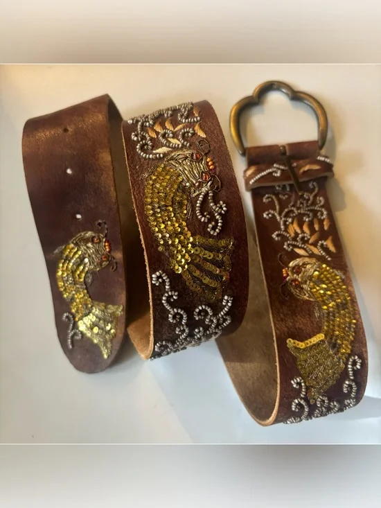 Vintage 80’Betsey Johnson  Leather Beaded Fish Belt ~Gold Sequins Size M