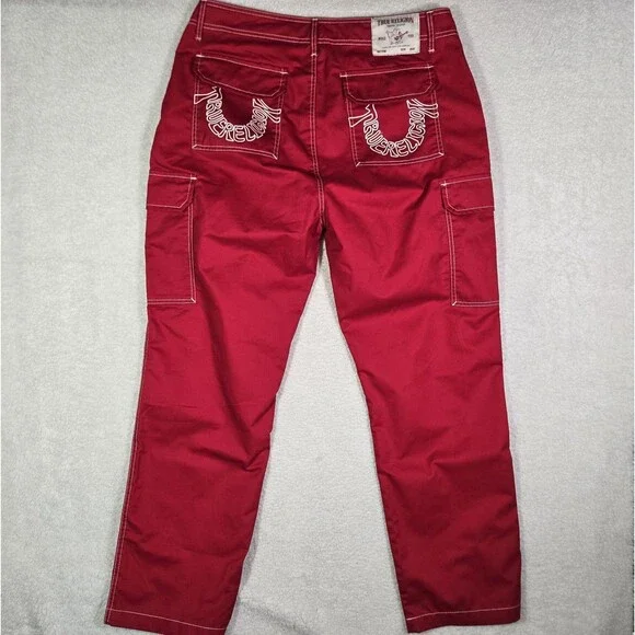 NWOT True Religion Cargo Pants Mens 36x31 Red White Stitch Utility Y2K