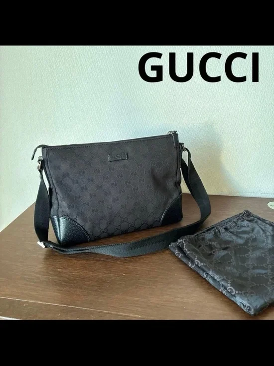 Gucci Black GG Canvas Messenger Bag with Adjustable Strap