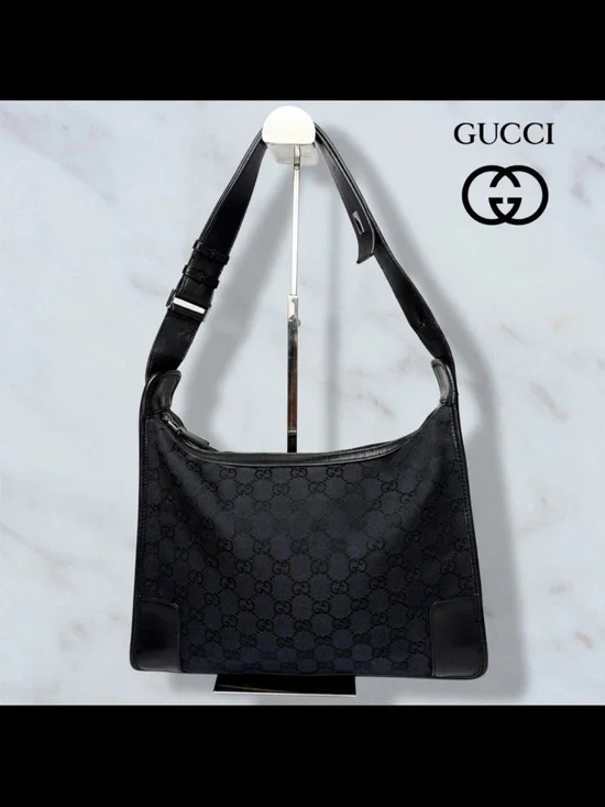 Gucci Black GG Canvas Messenger Bag with Adjustable Strap