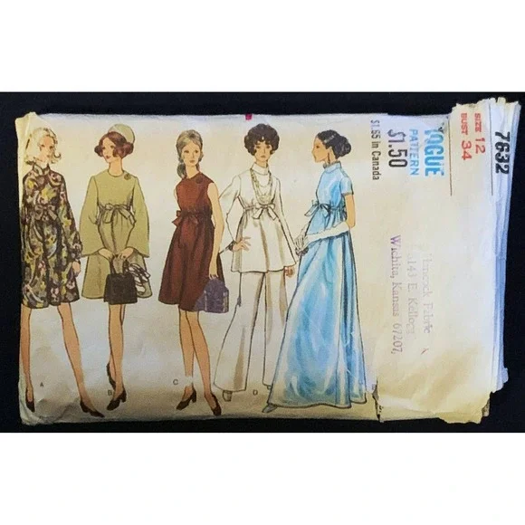 Vogue Pattern 60s Retro Empire Adj Dress Gown Wide Flared Pant EZ Maternity 34