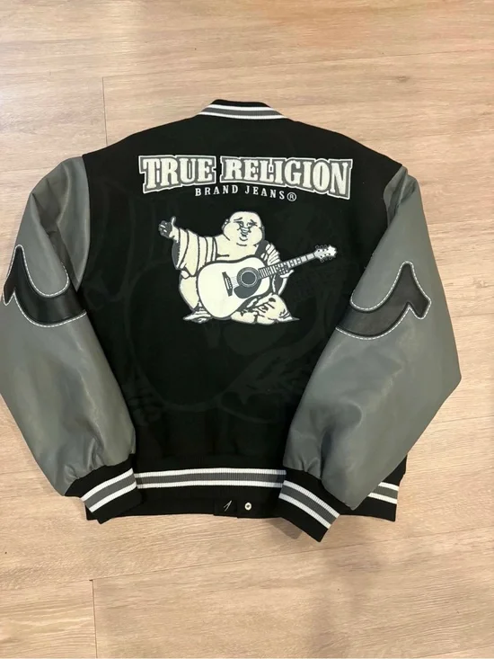 True Religion Varsity Jacket Men’s M Black Gray Leather Sleeves Y2K 02