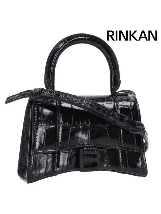 Balenciaga Hourglass Mini Shiny Calfskin Croco Embossed Shoulder