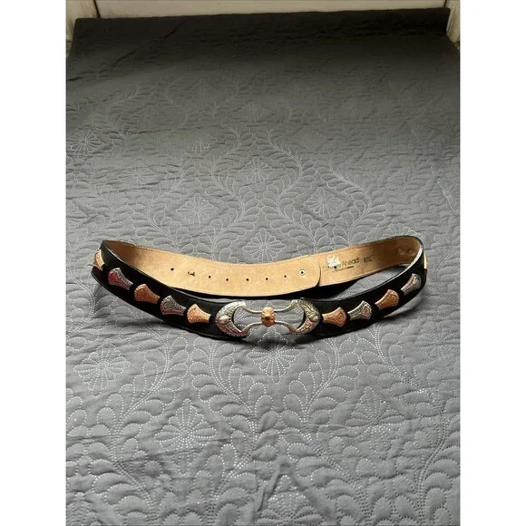 Streets Ahead VTG Silver & Rose Gold Medallion Black Leather Belt SZM/L RARE 42