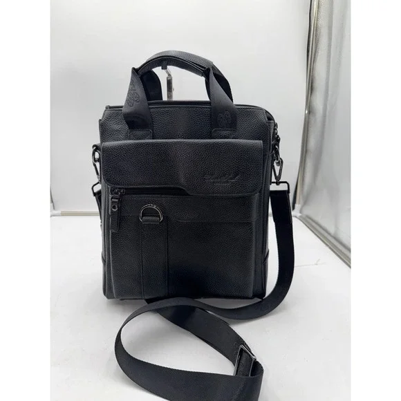 Cheer Soul Black Pebbled Leather Messenger Bag Crossbody Multi Pocket Travel Bag