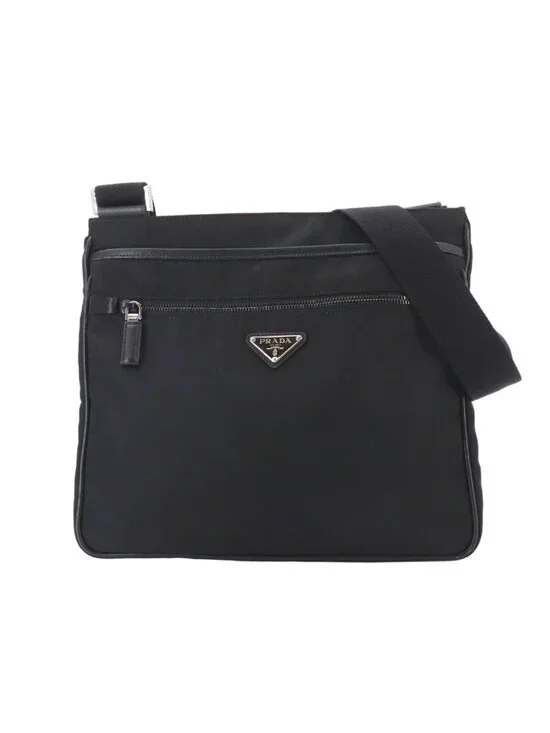 Prada Shoulder Bag Nylon Saffiano Leather Nero Black Silver