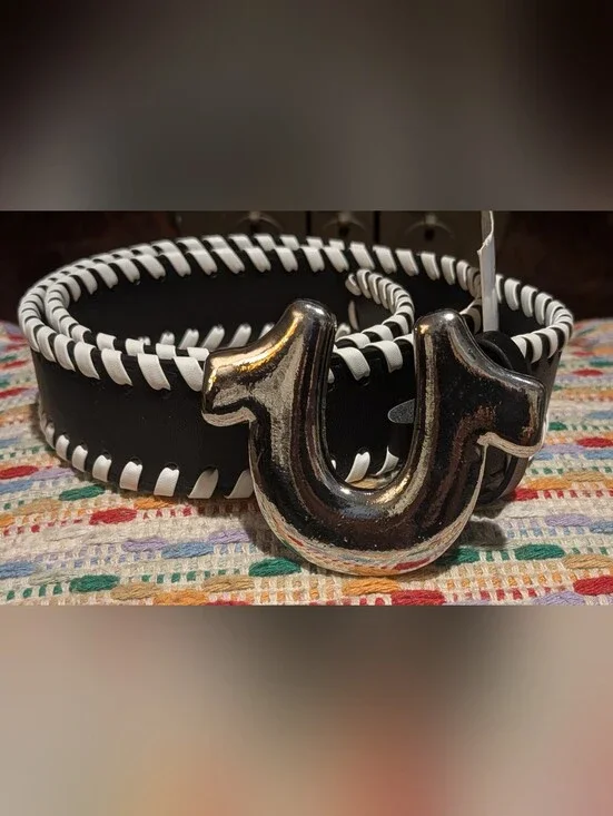 NWT True Religion Mens Size 35 Belt  Black Sage Heavy Silver Horseshoe Buckle