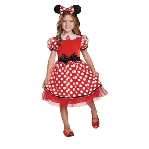 Disney Minnie Mouse Girls Dress Costume Red Polka‎ Dot Bow Halloween