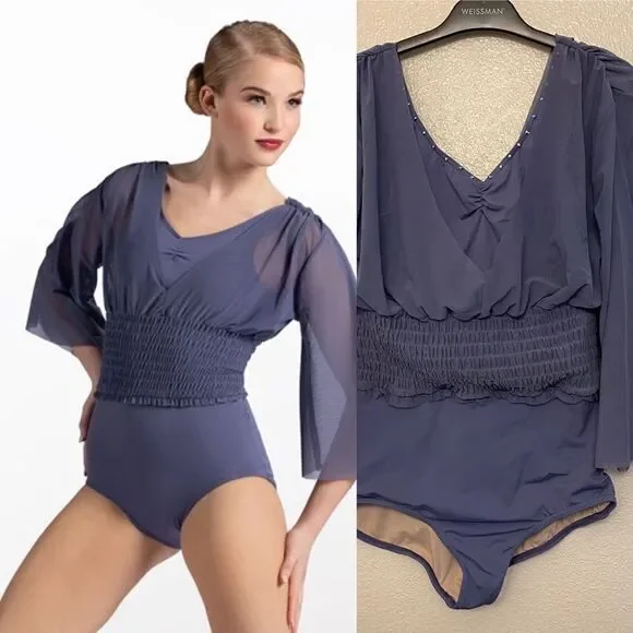 Weissman Balera dance costume blue Smocked Flutter Sleeve Leotard MT12218 MA