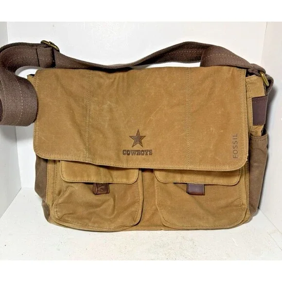 Fossil Brown Leather Messenger Bag Commuter Laptop Briefcase Dallas Cowboys