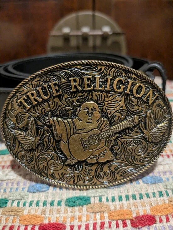 NWOT True Religion Buddha Guitar Brass Oval Buckle Black Belt 33