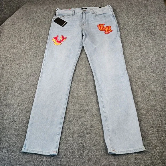 $184 True Religion Mens Geno Relaxed Slim Patch Jeans Light Journey Wash W34 L32