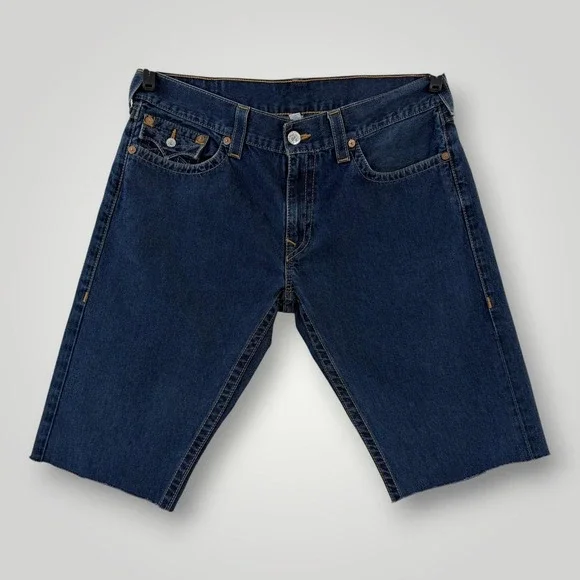 True Religion Denim Shorts Mens 38 Blue Bermuda Distressed Raw Hem Dark Wash