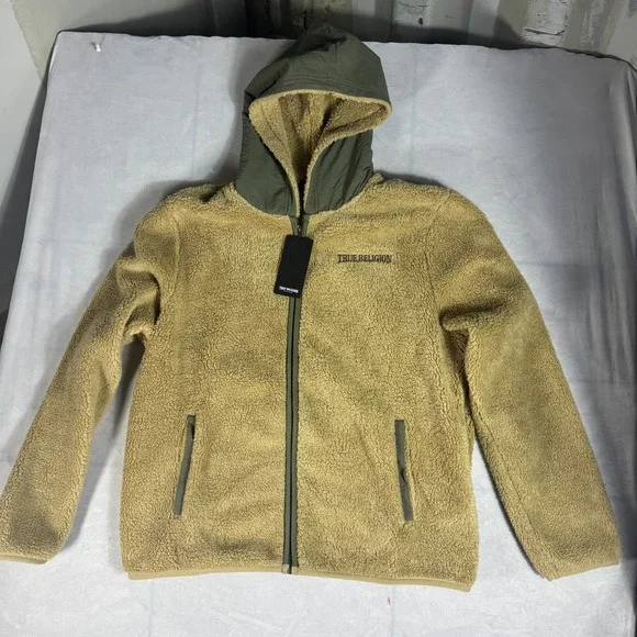NWT True Religion Mens Contrast Sherpa Hooded Jacket Beige Soft Cozy‎ Winter L