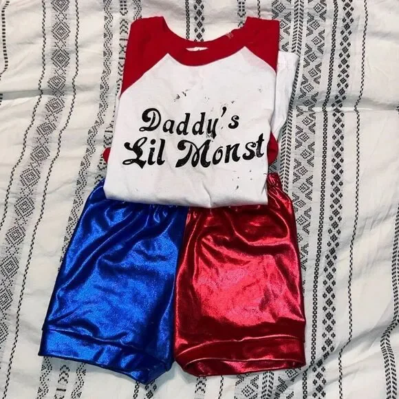 Harley Quinn “Daddy’s Lil Monster” Costume Set – Girls 5T – Red & Blue Shorts Ou
